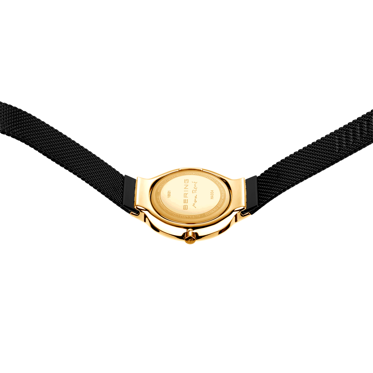 Gold-tone round watch case with black fabric strap, rear view