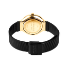 Back view of gold watch case with black mesh band, BERING engraving visible