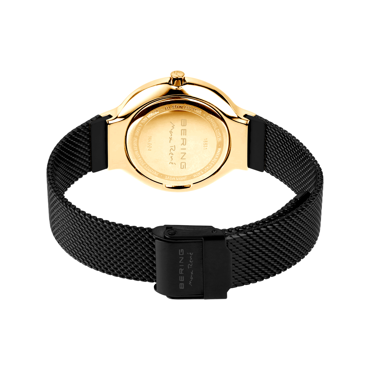 Back view of gold watch case with black mesh band, BERING engraving visible