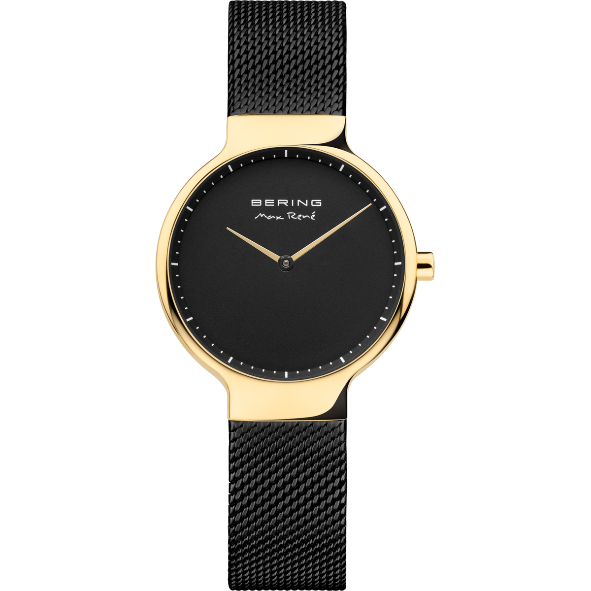 Round gold-toned BERING watch with black mesh band and minimalist black dial