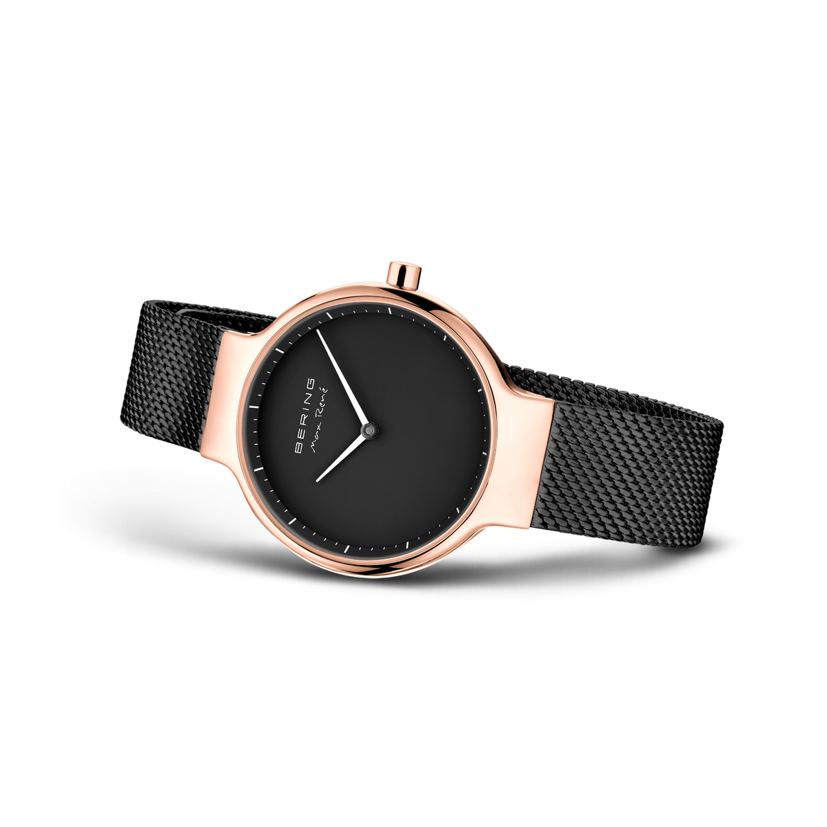 BERING watch with rose-gold case, black dial and white hands, black mesh strap, shown at an angle