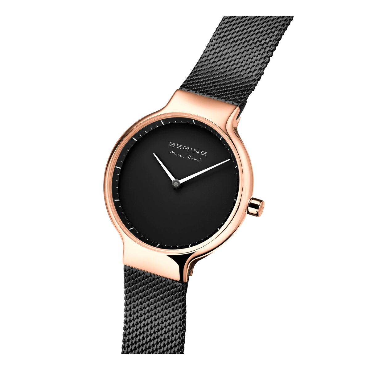 Watch with rose gold case, black dial and white hands, paired with black mesh bracelet in three-quarter view.