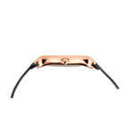Rose gold rectangular watch case with dark band, viewed from above