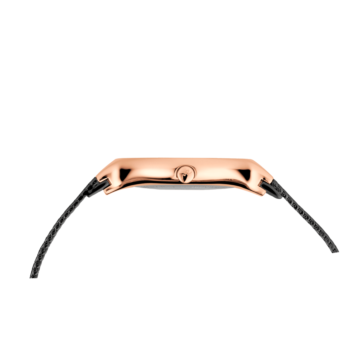 Rose gold rectangular watch case with dark band, viewed from above