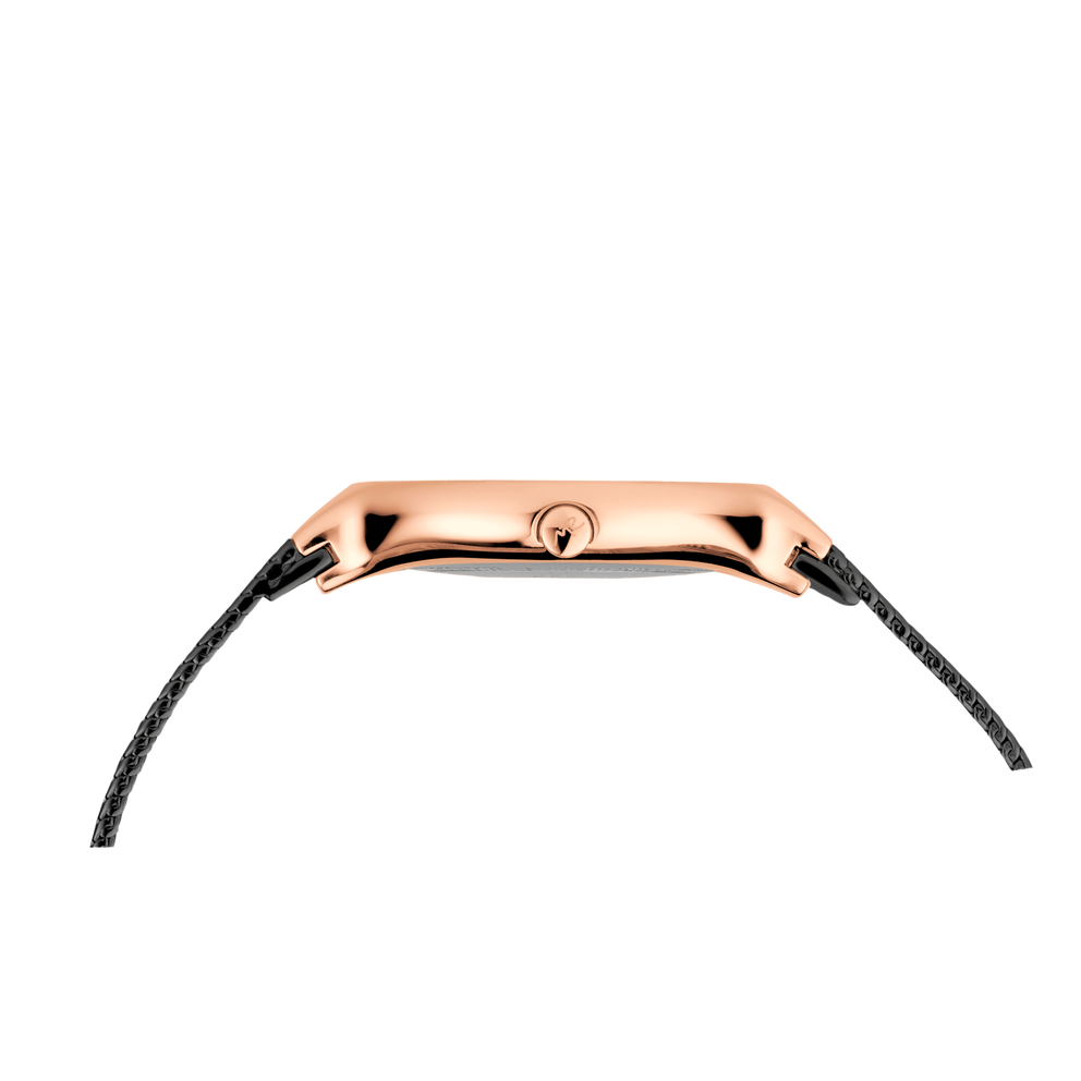 Rose gold rectangular watch case with dark band, viewed from above
