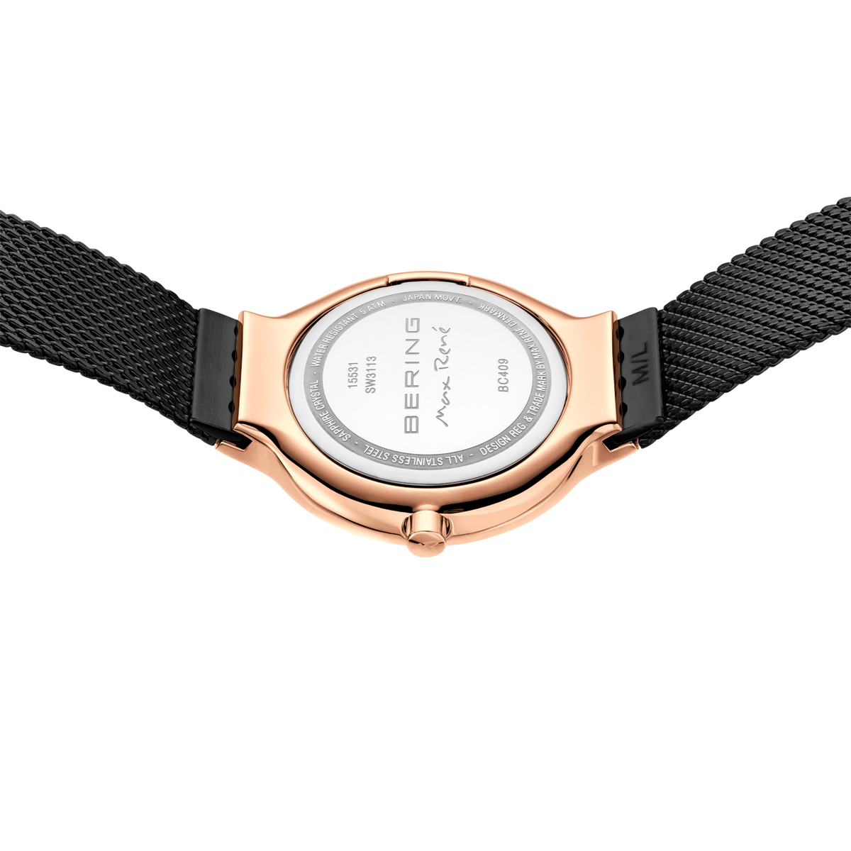 Watch case back and strap, rose gold finish with BERING dial text visible on case back.