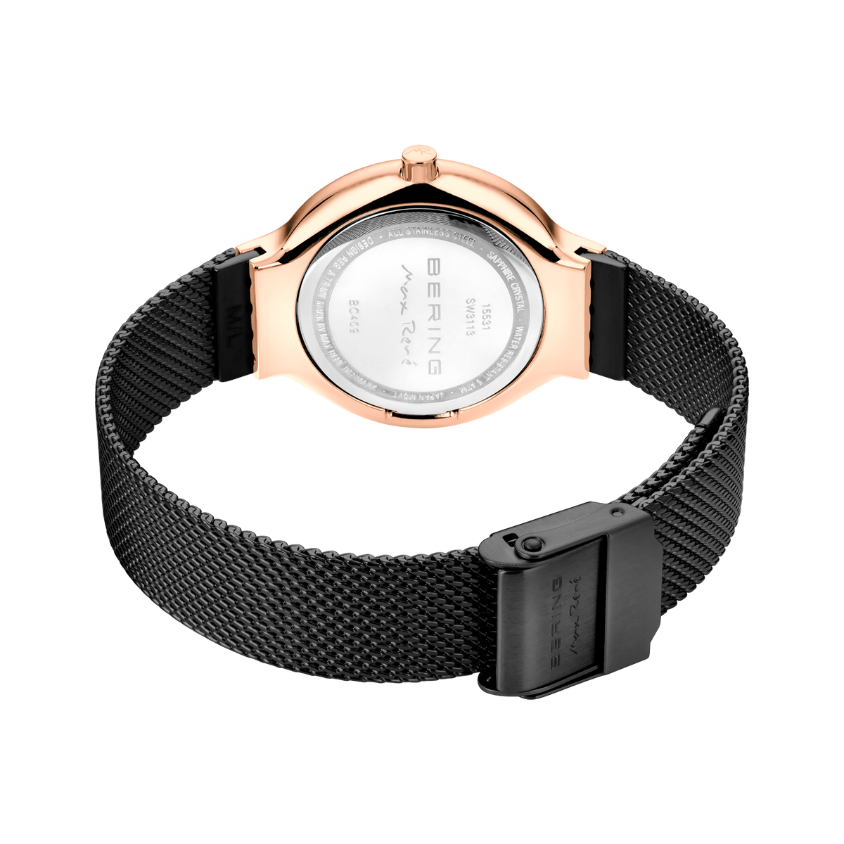 BERING wristwatch model 15531-262, shown from caseback angle. Rose gold case, black mesh band.