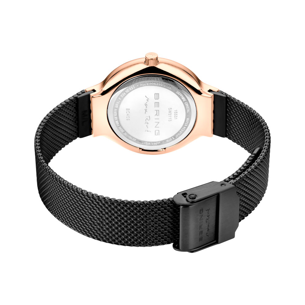 BERING wristwatch model 15531-262, shown from caseback angle. Rose gold case, black mesh band.