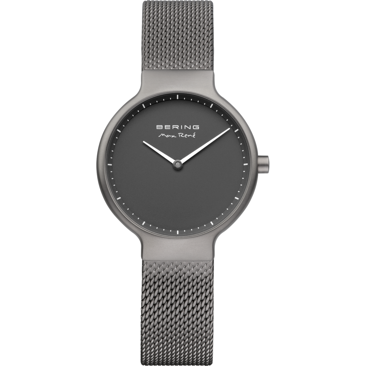 Graue BERING Armbanduhr mit minimalistischem Zifferblatt und passendem Mesh-Metallband.