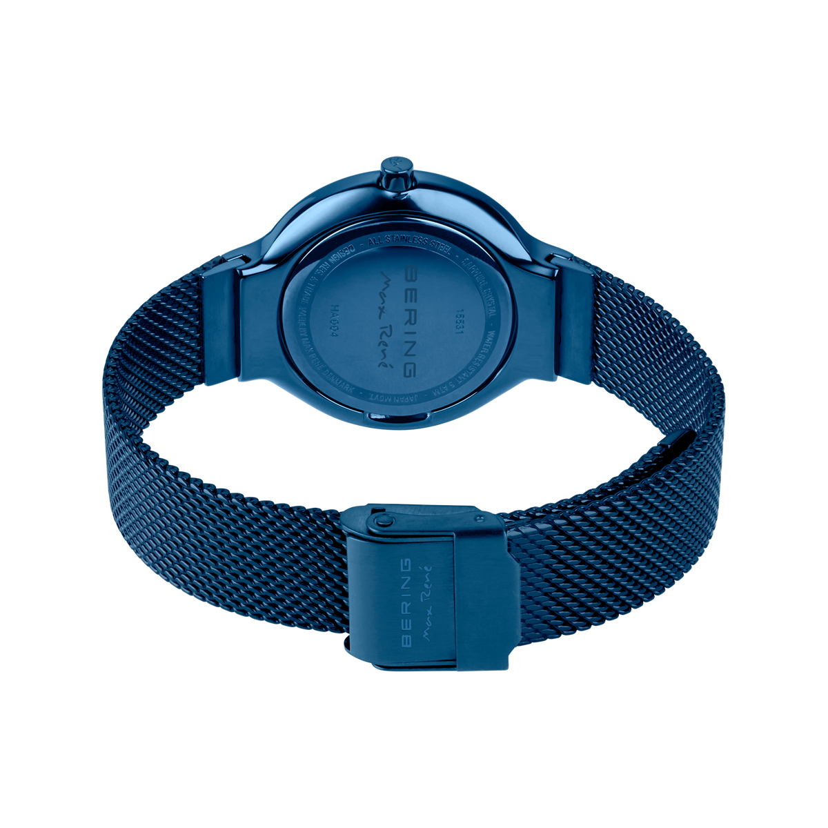 Achterkant van blauw BERING horloge met meshband en behuizingbevestiging