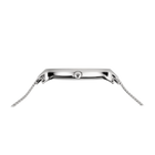 Ovenfrra-visning af rektangulær urkasse i poleret rustfrit stål med metalrem og BERING-logo.
