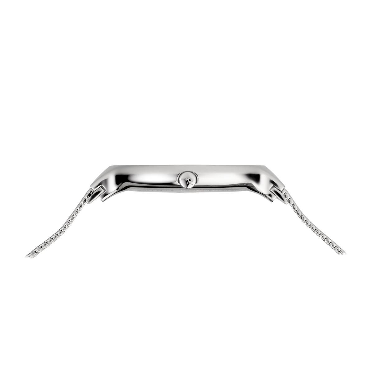 Ovenfrra-visning af rektangulær urkasse i poleret rustfrit stål med metalrem og BERING-logo.
