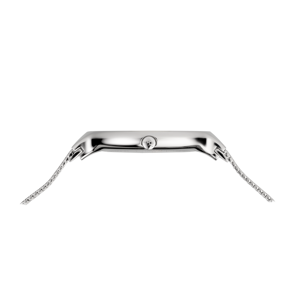 Ovenfrra-visning af rektangulær urkasse i poleret rustfrit stål med metalrem og BERING-logo.