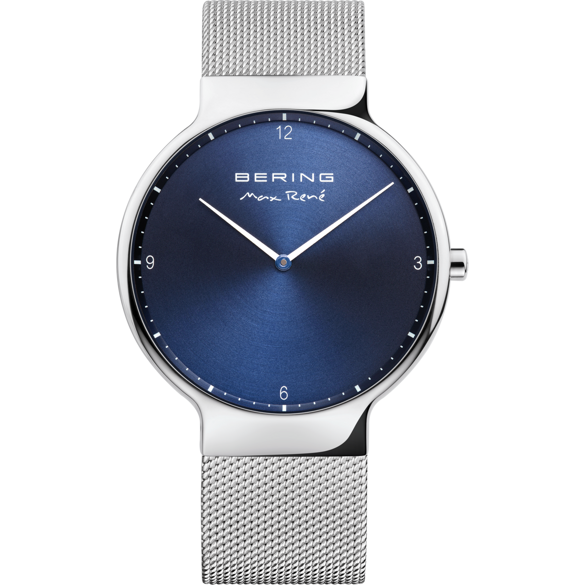 Orologio BERING rotondo con quadrante blu scuro, marcatori minimalisti e cinturino mesh argentato, vista frontale.