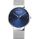 Orologio BERING rotondo con quadrante blu scuro, marcatori minimalisti e cinturino mesh argentato, vista frontale.