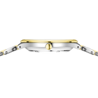 Orologio da polso bicolore con cassa dorata e cinturino argentato, vista laterale