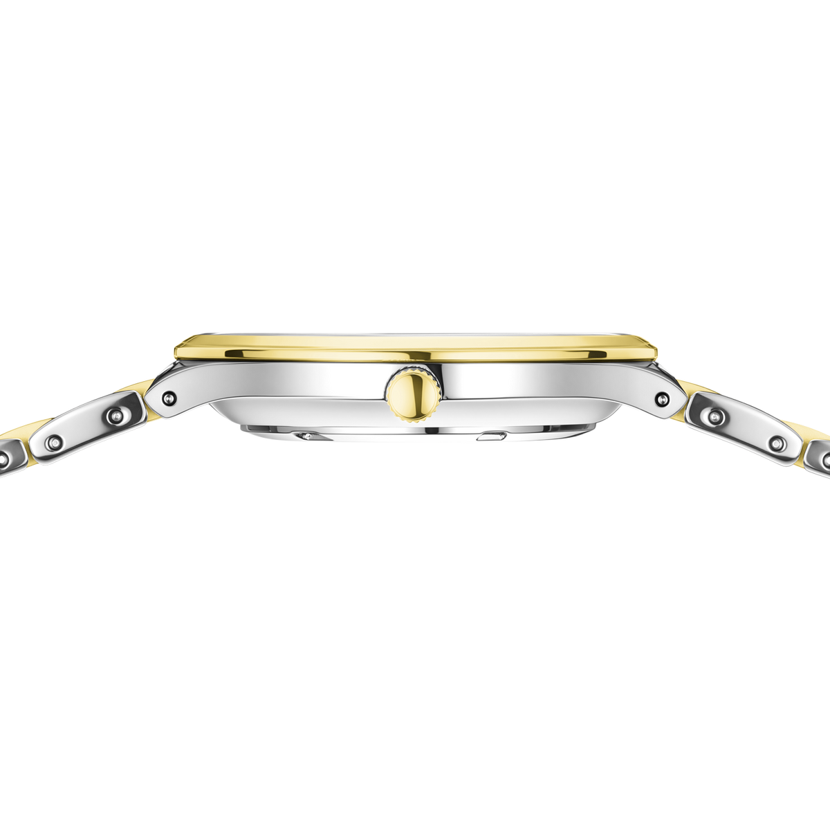 Orologio da polso bicolore con cassa dorata e cinturino argentato, vista laterale