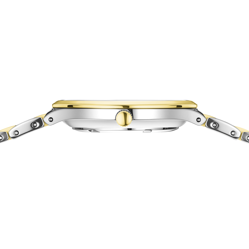 Orologio da polso bicolore con cassa dorata e cinturino argentato, vista laterale
