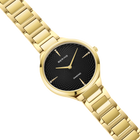 Orologio da polso dorato con quadrante nero e indici orari, vista laterale con cinturino completo visibile