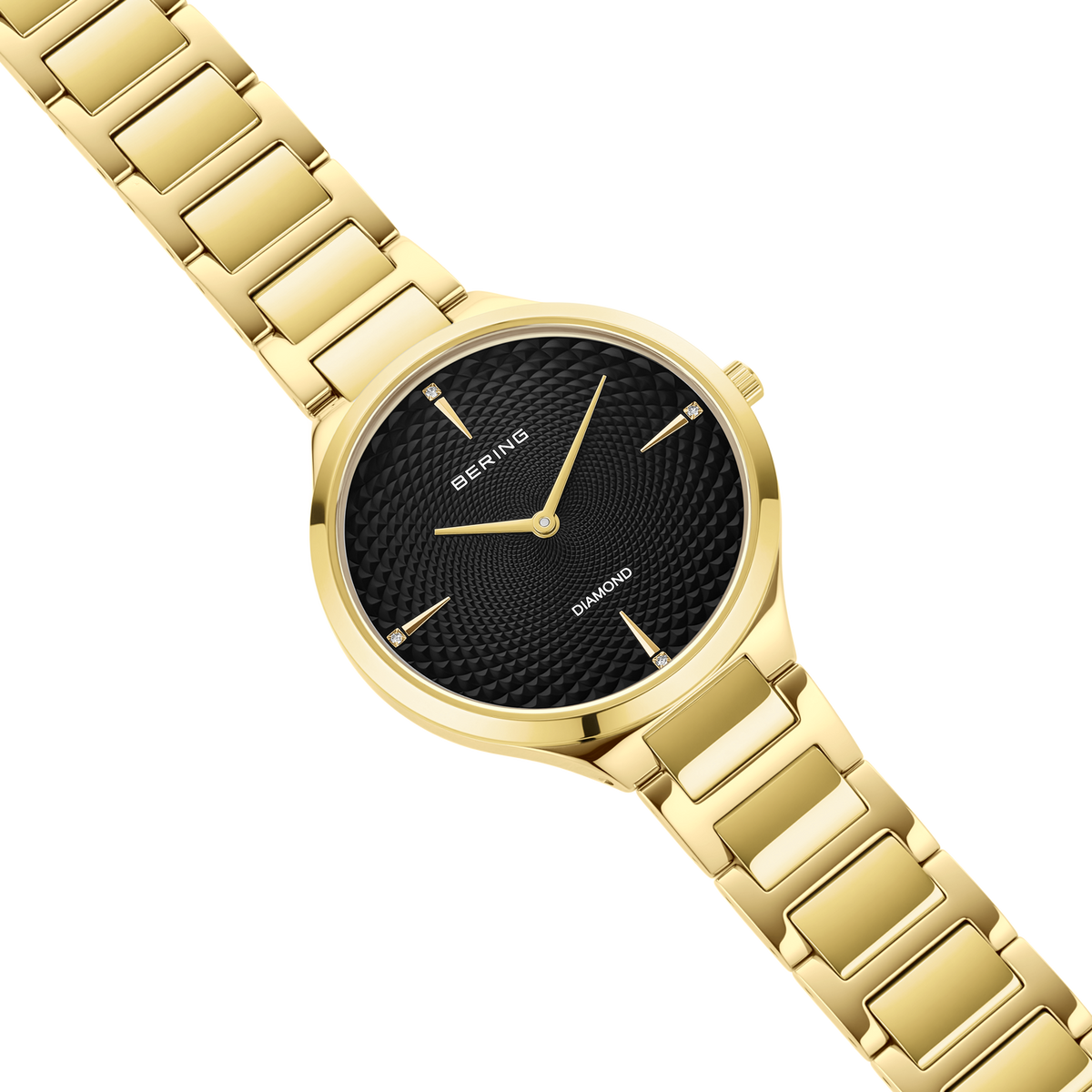 Orologio da polso dorato con quadrante nero e indici orari, vista laterale con cinturino completo visibile