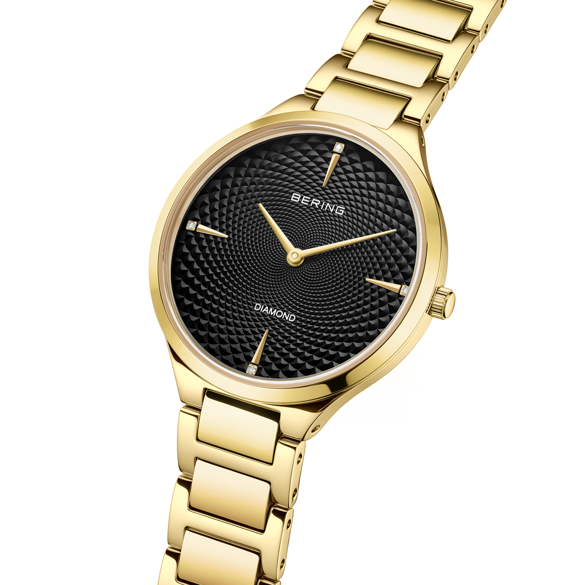 Orologio BERING con cassa dorata e bracciale a maglie, quadrante nero strutturato visto dal profilo