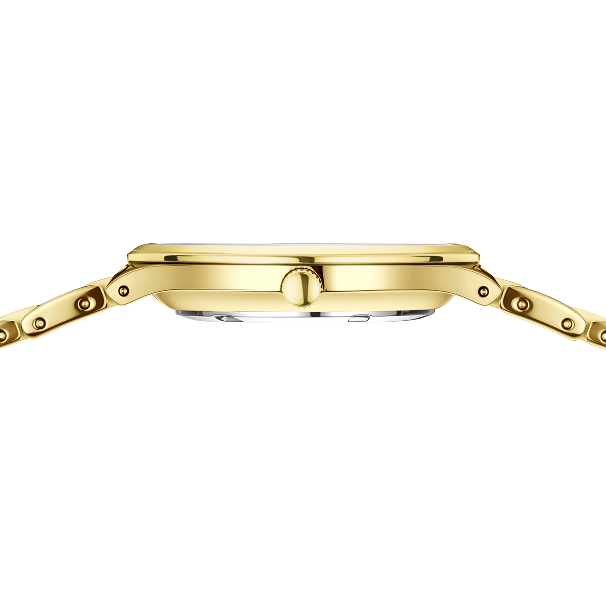 Orologio BERING visto di profilo con cassa rettangolare dorata, corona e braccialetto a maglie.