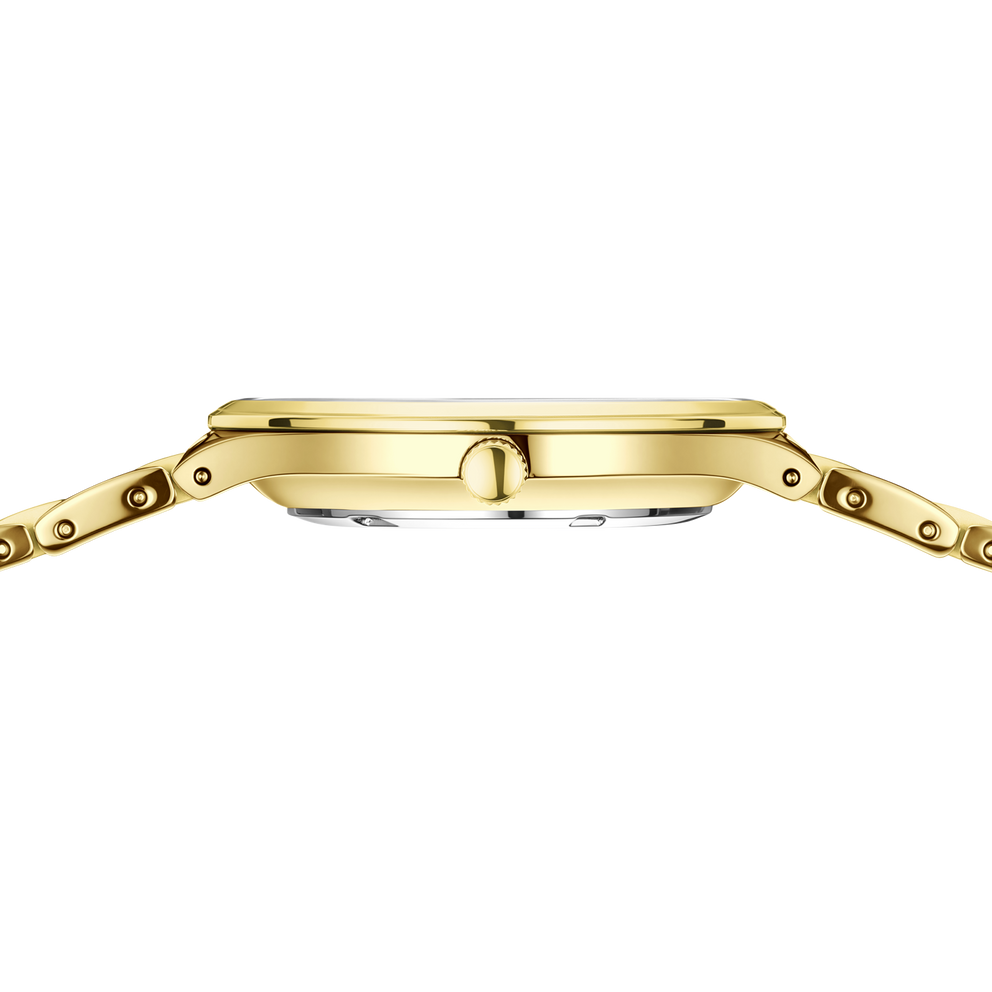 Orologio BERING visto di profilo con cassa rettangolare dorata, corona e braccialetto a maglie.
