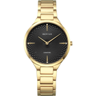 Orologio da polso color oro con quadrante nero texture, lancette bianche e indicatori di ore dorati.
