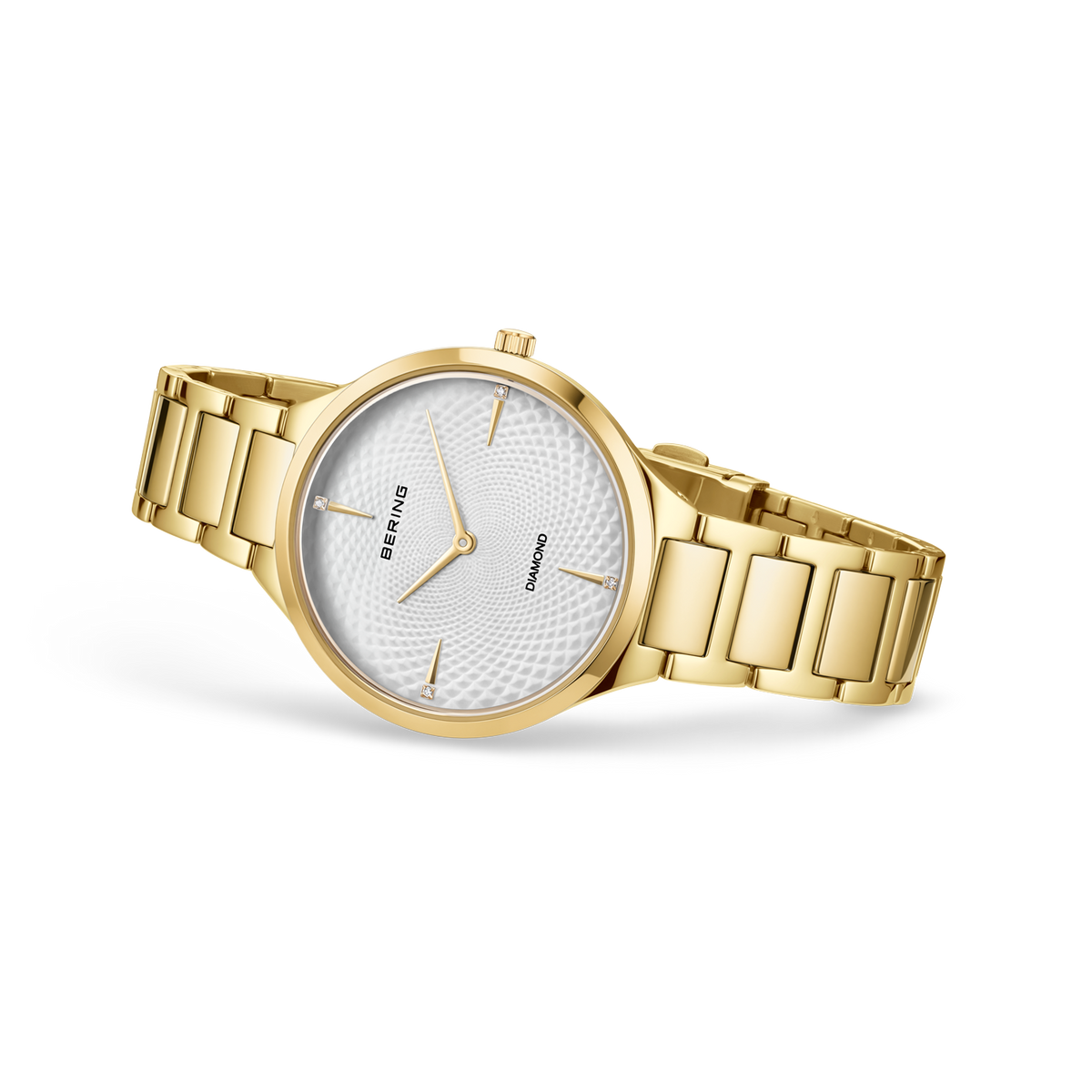 Orologio BERING color oro con cinturino a maglia metallica e quadrante bianco, visto in prospettiva tre-quarti.