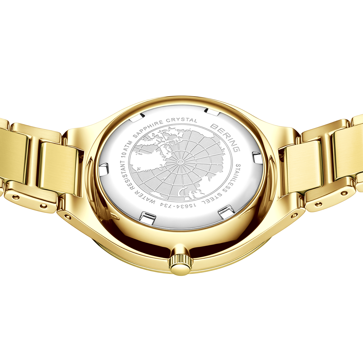 Retro di orologio da polso dorato con bracciale a maglie e fondello inciso bianco