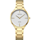 Orologio BERING tono oro con quadrante bianco, tre lancette, marcatore diamante e bracciale a maglia.