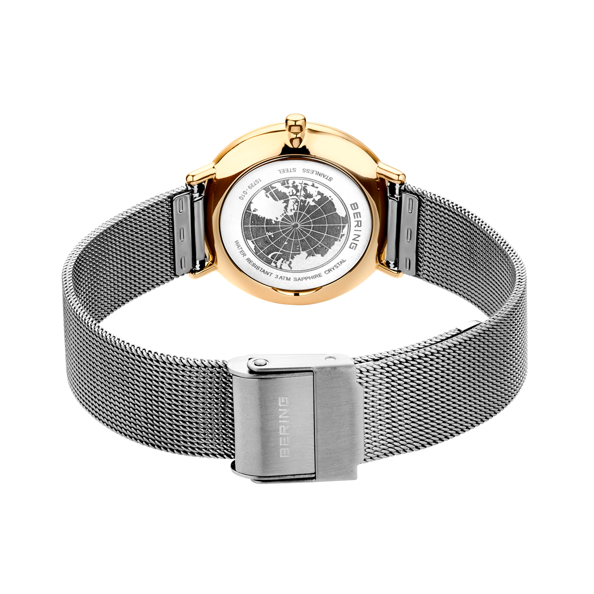 Achterkant horlogekast met globedesign, zilveren mesh band en stalen sluiting, achteraanzicht