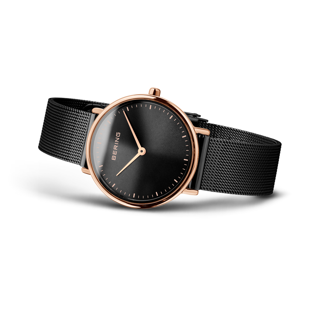 Watch with rose gold case, black dial, and black mesh band, shown at three-quarter angle