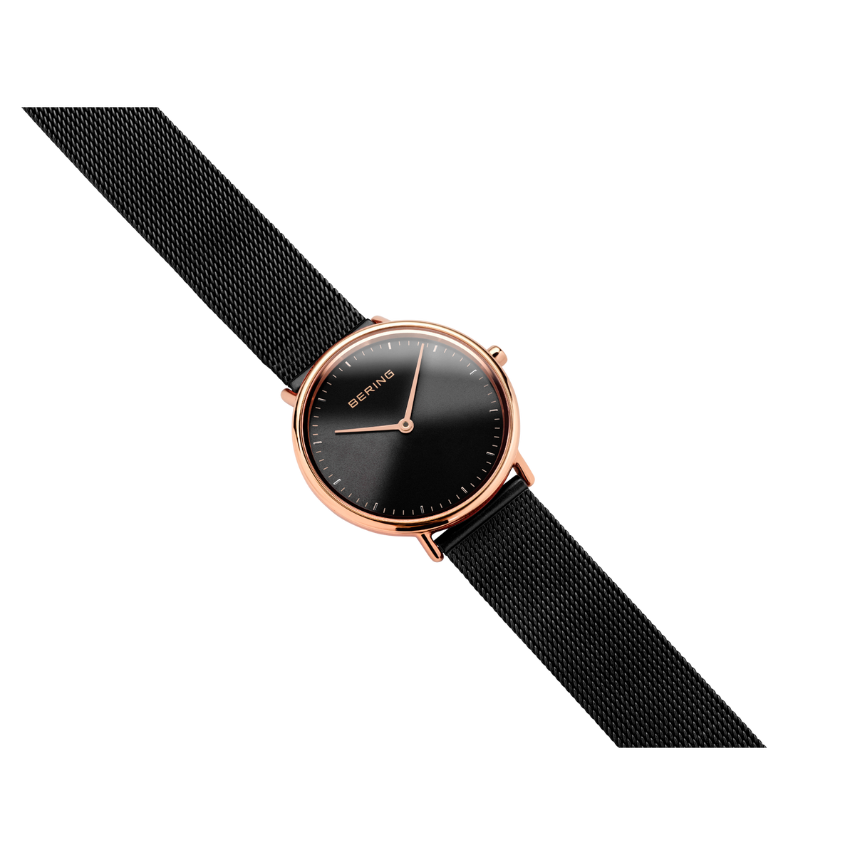 Rose gold watch with black dial and fabric strap, displayed at a diagonal angle