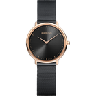 Round rose gold watch with black dial, minimalist design, and dark mesh bracelet, shown straight on.
