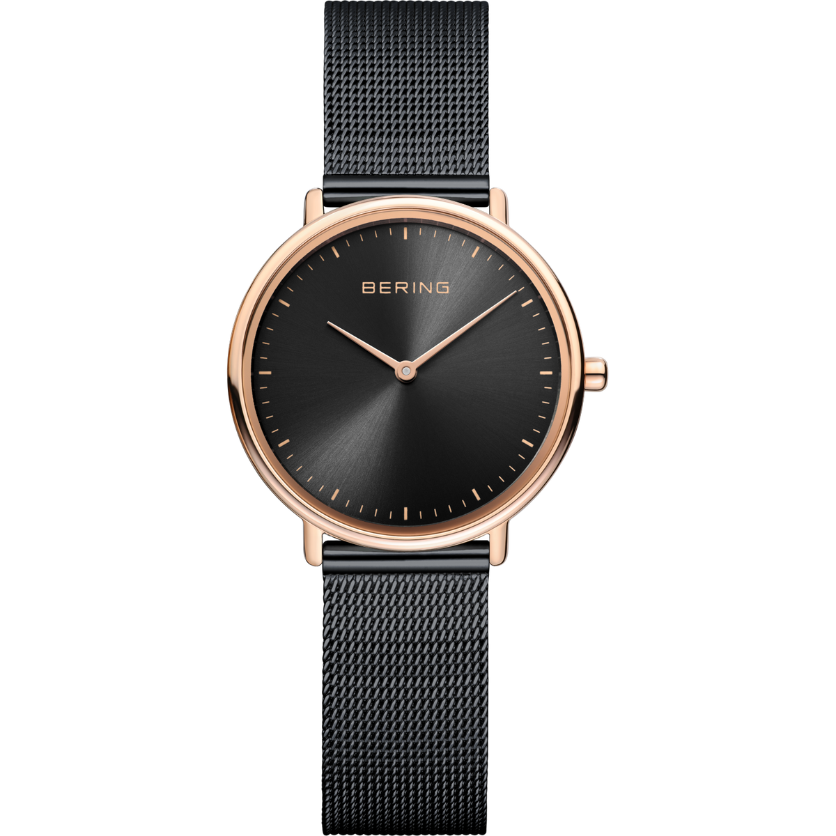 Round rose gold watch with black dial, minimalist design, and dark mesh bracelet, shown straight on.