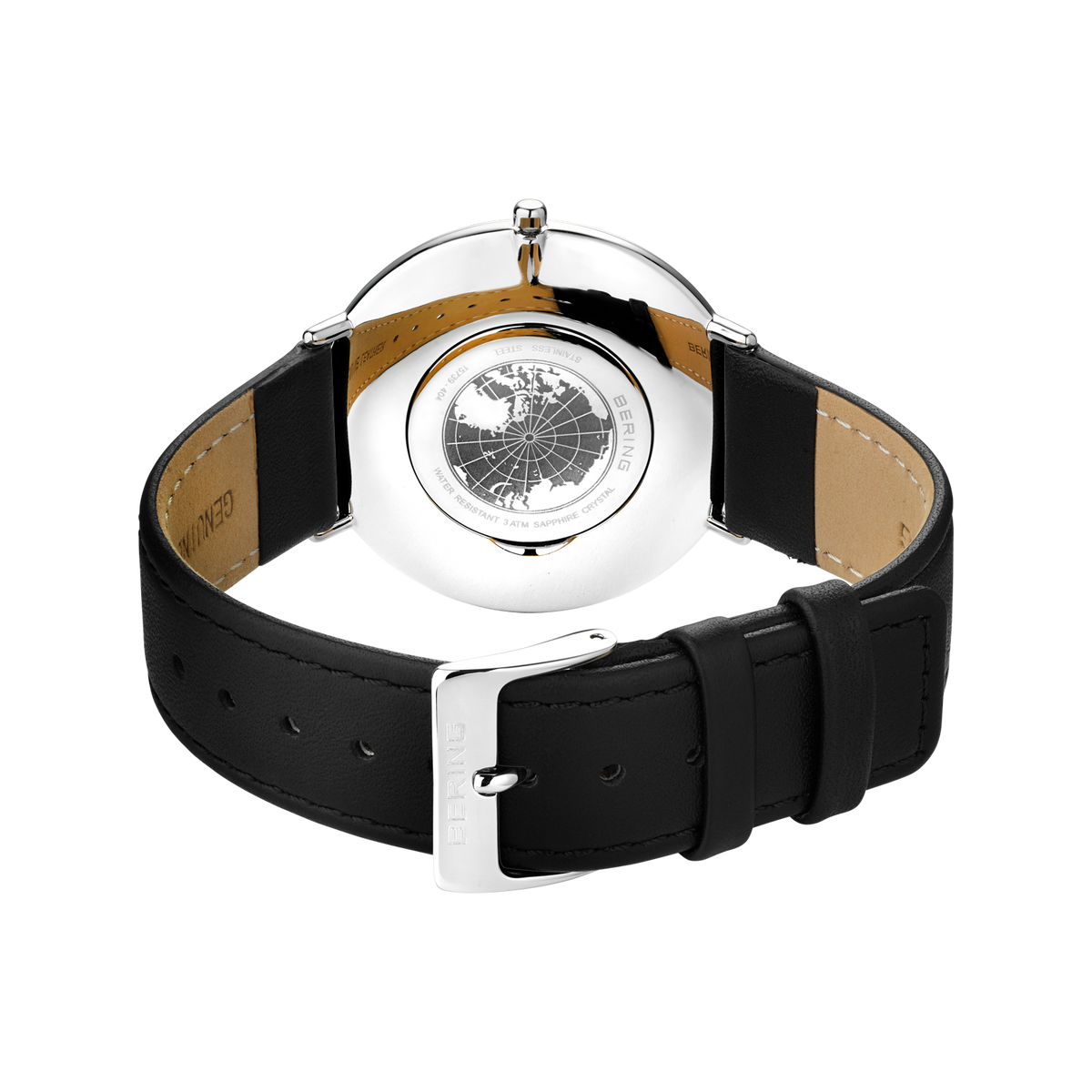 BERING armbåndsur 15739-404 set bagfra, hvidt ur og sort læderrem med beige indre side