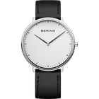 BERING ULTRASLIM armbåndsur med stålhus, hvid urskive og sort læderrem.