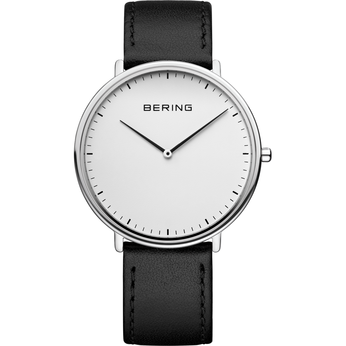 BERING ULTRASLIM armbåndsur med stålhus, hvid urskive og sort læderrem.