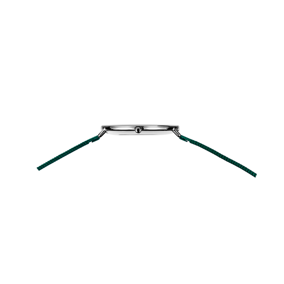Silver watch with dark teal textured band, viewed from above