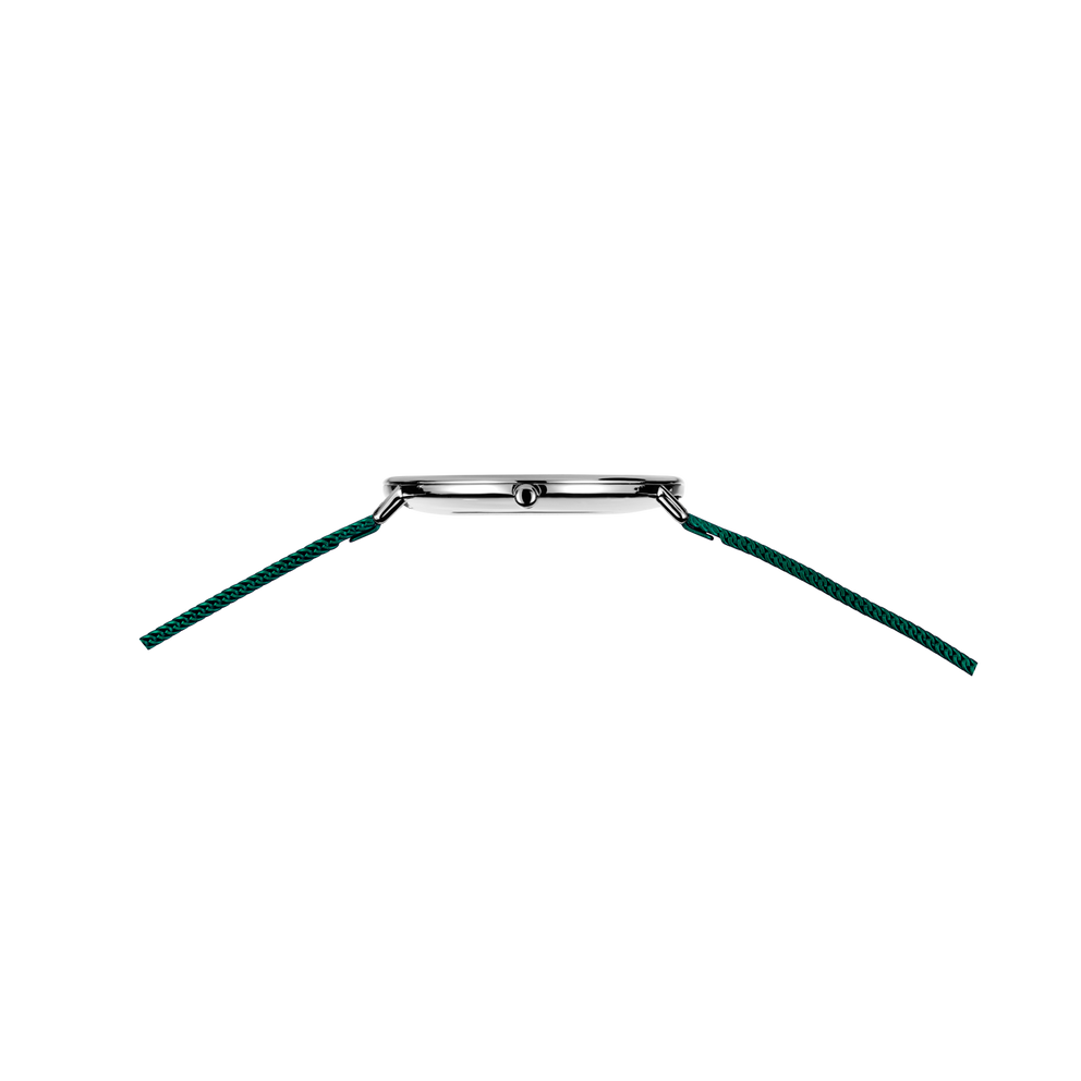Silver watch with dark teal textured band, viewed from above