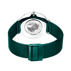 BERING watch with dark green mesh bracelet viewed from above, featuring a white dial with world map design.