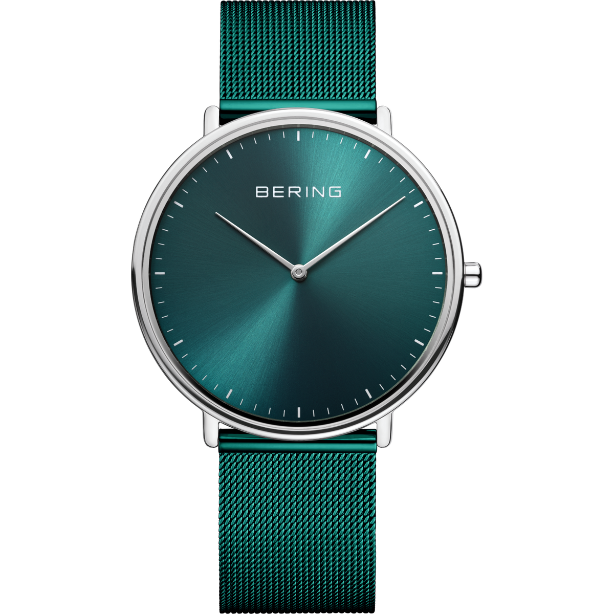 BERING wristwatch with teal dial, silver case, and matching mesh band
