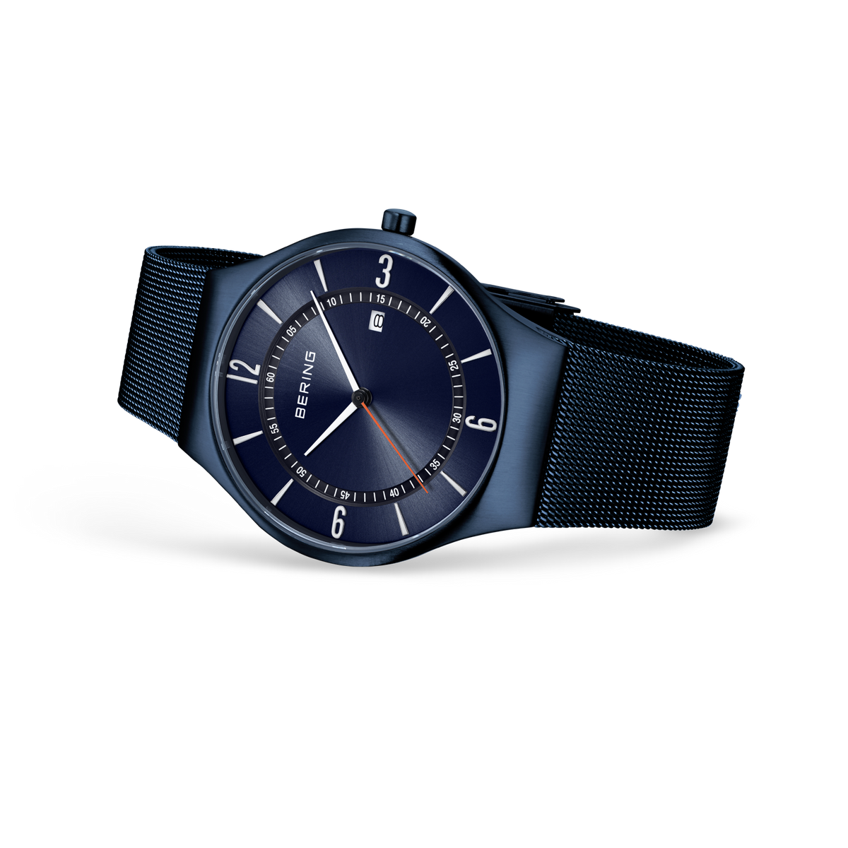BERING wristwatch with dark blue dial and black mesh band, angled three-quarter view of case and strap.