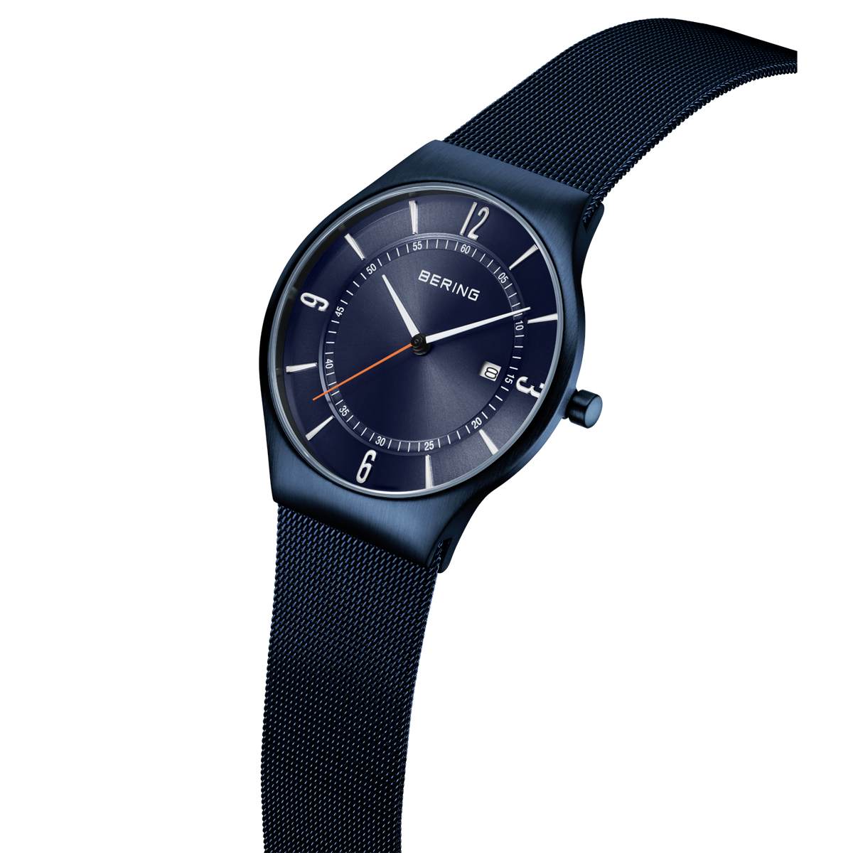 Dark blue BERING watch displayed at angle, showing navy mesh band and dial with hour markers.