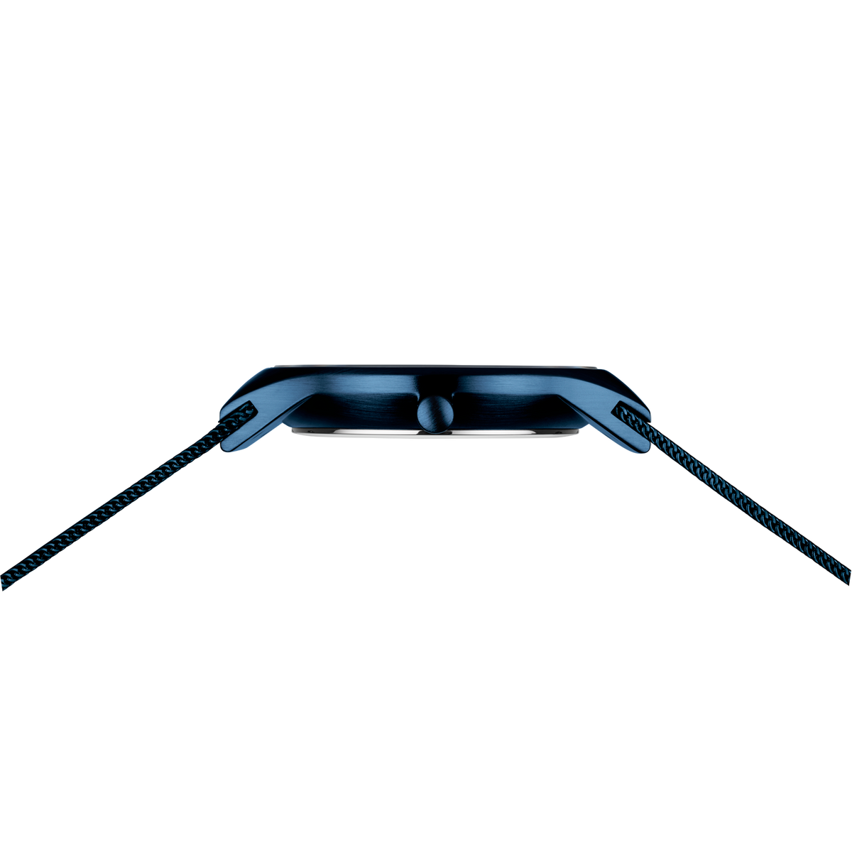 Blue watch case viewed from rear with rounded edges and dark braided fabric straps