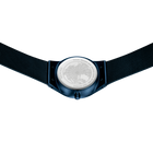 Wristwatch with silver dial and dark blue case, black strap, viewed from above.