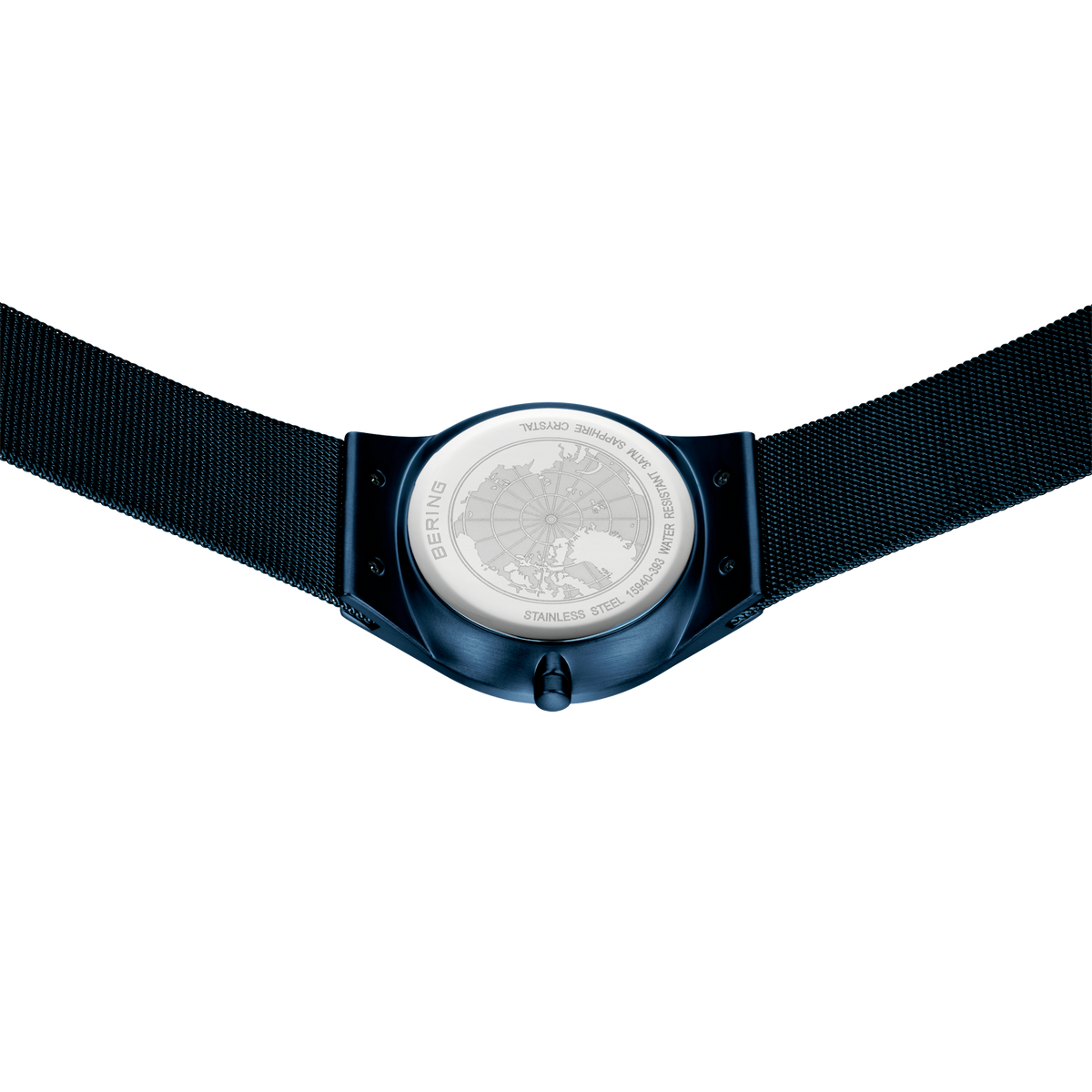 Wristwatch with silver dial and dark blue case, black strap, viewed from above.