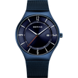 BERING-Armbanduhr mit dunkelblauem Mesh-Armband und schwarzem Zifferblatt, weißen Ziffern und Zeigern, Datumsanzeige bei 3 Uhr.