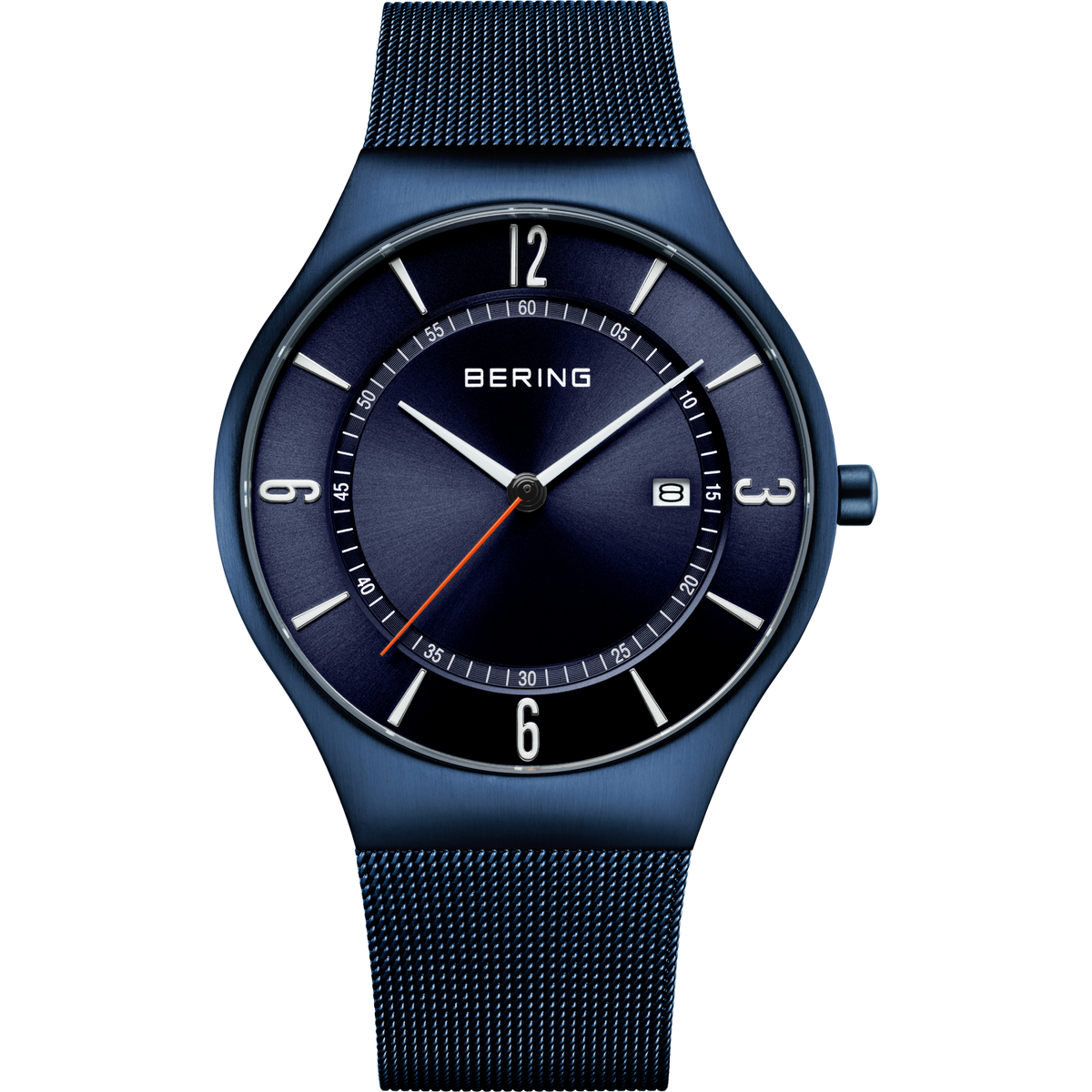 BERING watch with dark blue mesh band and black dial, white numerals and hands, date window at 3 o'clock.